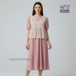 Light-pink-midi-dress-for-women-short-puff-sleeves-white-front-overlay