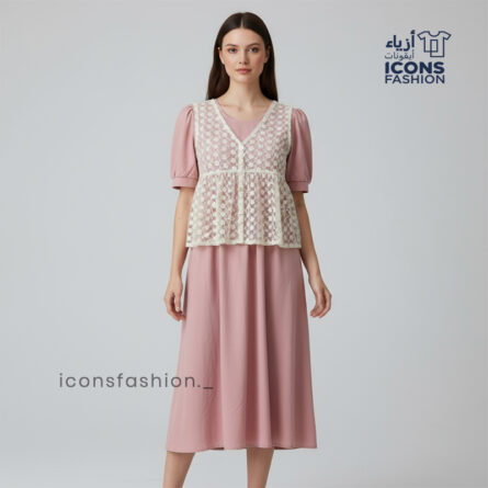 Light-pink-midi-dress-for-women-short-puff-sleeves-white-front-overlay