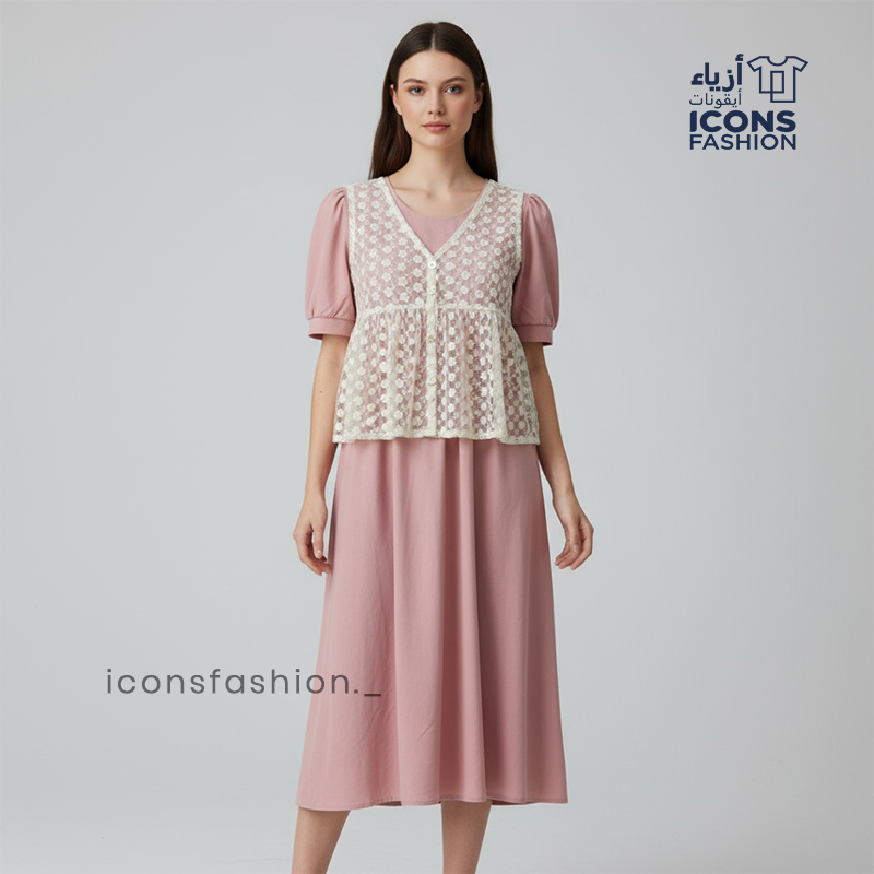 Light-pink-midi-dress-for-women-short-puff-sleeves-white-front-overlay