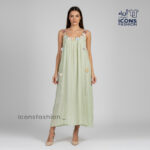 Sleeveless-maxi-dress-for-women-neckline-with-hanging-flower-ties-designed-in-a-flowy