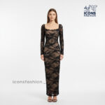 Stylish-women’s-black-lace-maxi-dress-with-sheer-long-sleeves-and-square-neckline