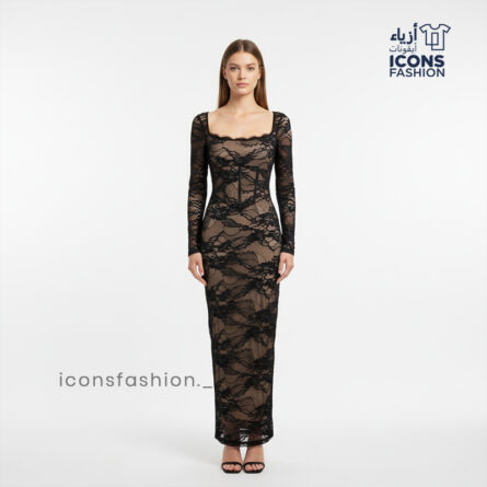 Stylish-women’s-black-lace-maxi-dress-with-sheer-long-sleeves-and-square-neckline