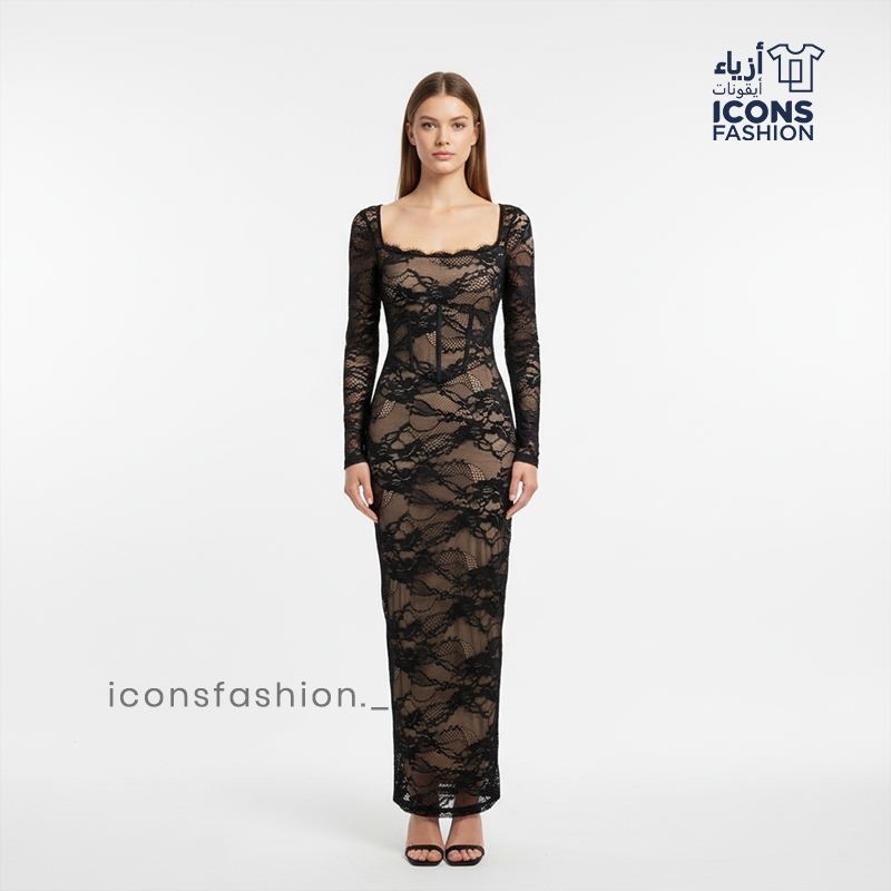 Stylish-women’s-black-lace-maxi-dress-with-sheer-long-sleeves-and-square-neckline