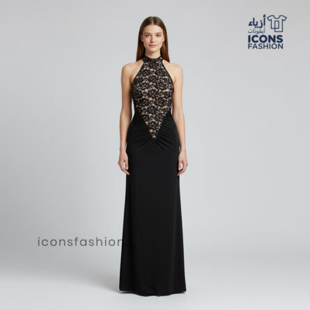 Women’s-black-halter-neck-lace-bodice-maxi-dress-sleeveless-evening-gown