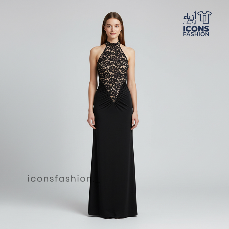 Women’s-black-halter-neck-lace-bodice-maxi-dress-sleeveless-evening-gown