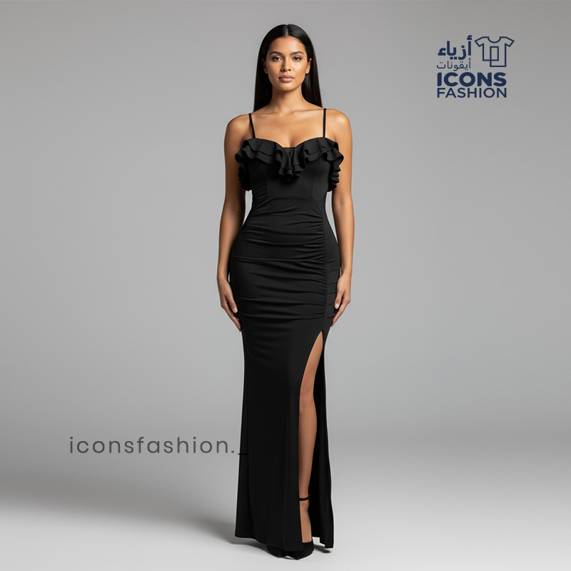 Elegant-black-bodycon-dress-for-women-spaghetti-strap-ruffled-neckline-side-slit