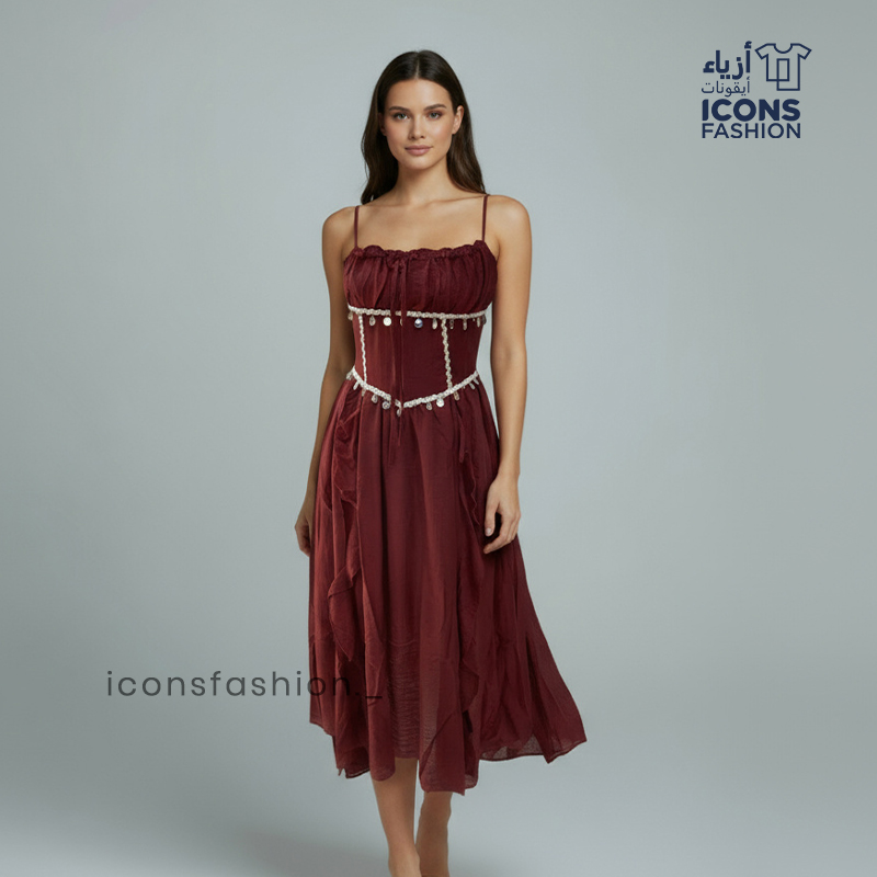Maroon-midi-dress-for-women-with-thin-straps-fitted-bodice-and-decorative-lace-detailing