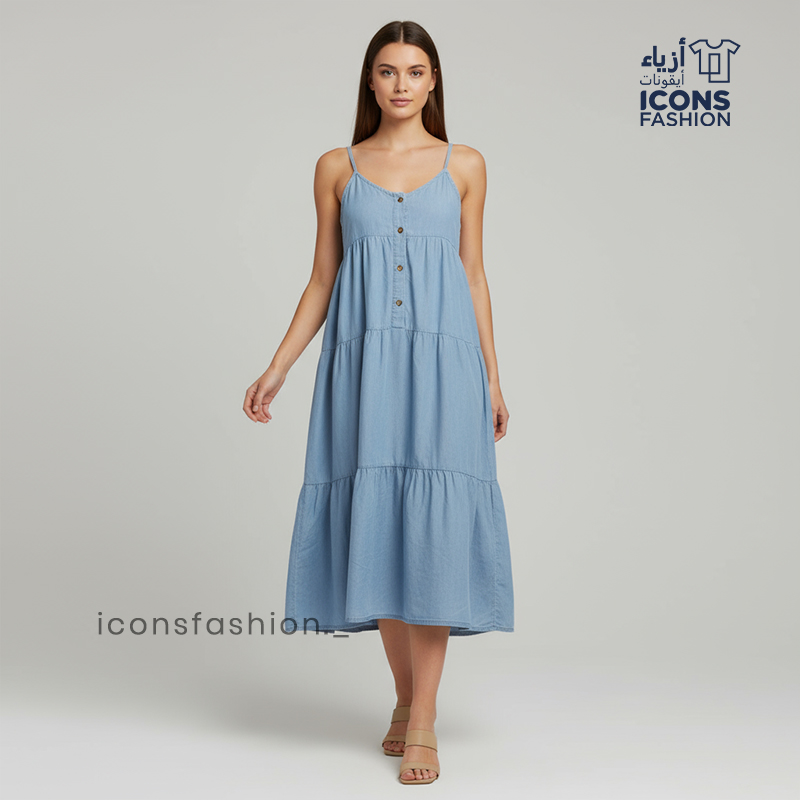 Blue-sleeveless-denim-maxi-dress-for-women-with-button-front-and-tiered-hem-casual-summer-outfit