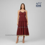 Maroon-midi-dress-with-spaghetti-straps-V-neck-ruched-bodice-tiered-skirt-tassel-details