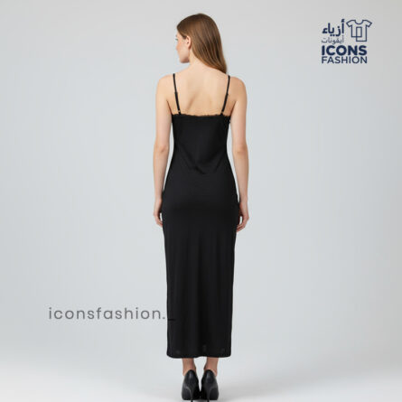 black-shimmery-sleeveless-midi-dress-with-adjustable-spaghetti-straps-V-neckline-and-side-slit