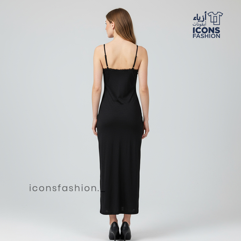 black-shimmery-sleeveless-midi-dress-with-adjustable-spaghetti-straps-V-neckline-and-side-slit