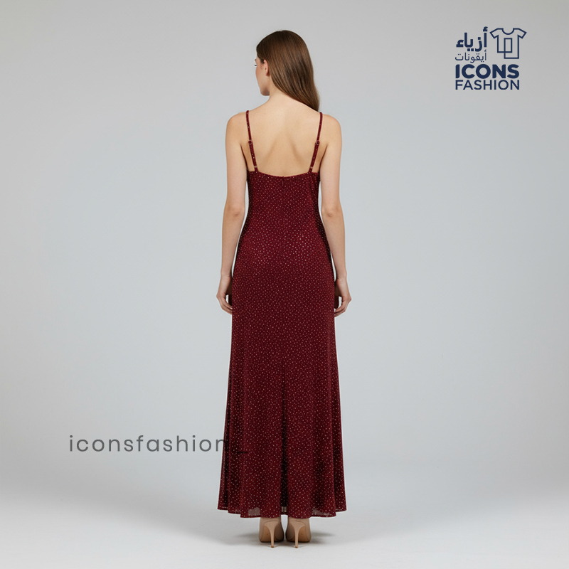 Red-lurex-maxi-dress-with-a-dotted-shimmer-finish-sleeveless-design-thin-spaghetti-straps-V-neckline-and-a-high-front-thigh-slit