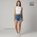 White-sleeveless-ribbed-crop-top-for-women-with-crew-neckline-and-front-text-slim-fit-casual-summer-top