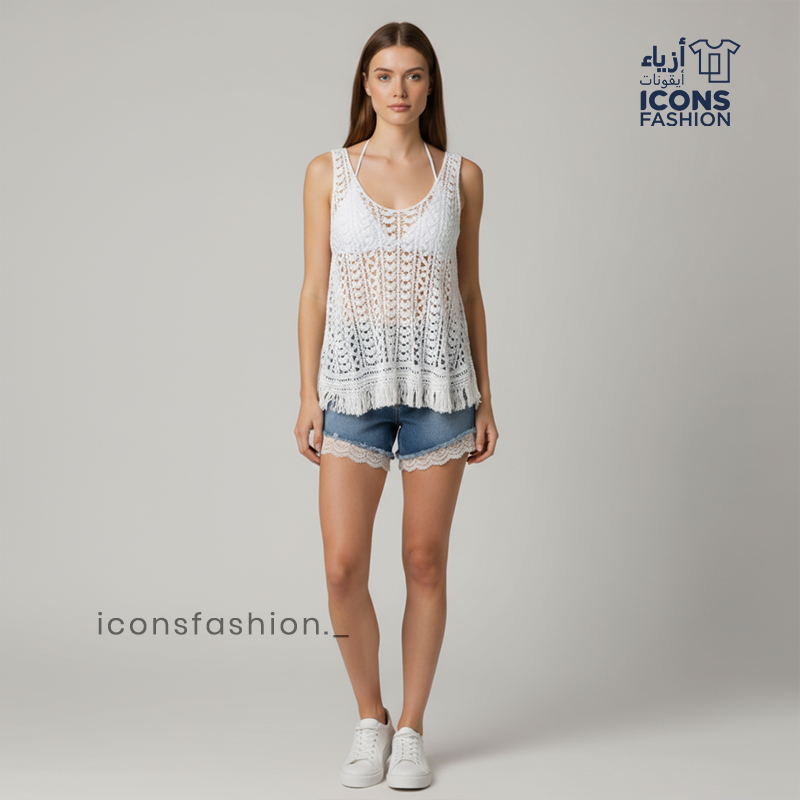 White-sleeveless-crochet-top-for-women-deep-V-neck-lace-knit-pattern-scalloped-hem-stylish-beachwear-and-summer wear