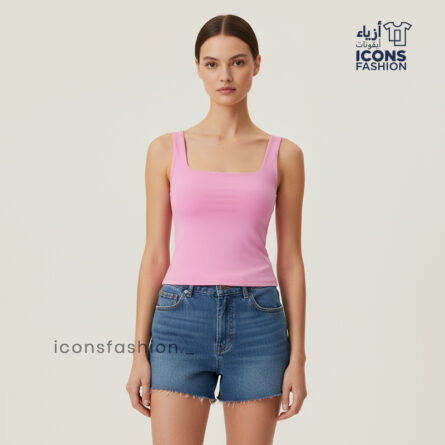 Pink-sleeveless-square-neck-crop-top-for-women-with-slim-fit-design-solid-pattern-wide-straps-stylish-casual-summer-wear