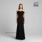 Black-strapless-long-evening-gown-for-women-featuring-feather-trim-neckline-slim-fit-silhouette-and-front-thigh-high-slit-elegant-formal-wear