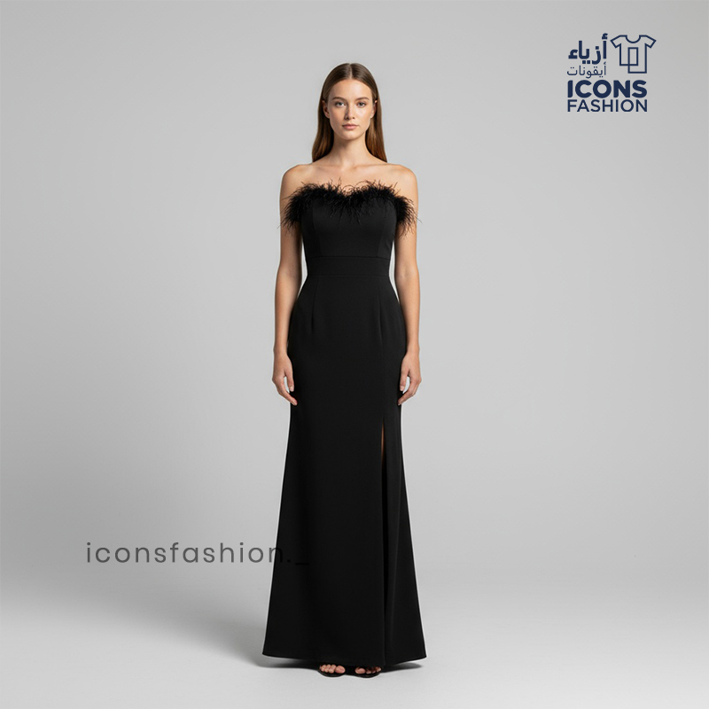 Black-strapless-long-evening-gown-for-women-featuring-feather-trim-neckline-slim-fit-silhouette-and-front-thigh-high-slit-elegant-formal-wear