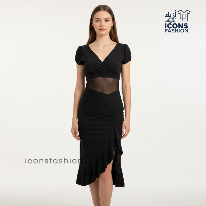 Black-bodycon-party-wear-dress-for-women-with-V-neckline-short-puff-sleeves-sheer-mesh-waist-panel-and-asymmetric-ruffle-hem