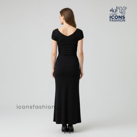 Black-bodycon-party-wear-dress-for-women-with-V-neckline-short-puff-sleeves-sheer-mesh-waist-panel-and-asymmetric-ruffle-hem