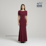 Maroon-long-evening-dress-for-women-round-neckline-embellished-side-panels-short-puff-sleeves-floor-length-slim-fit-silhouette-elegant-party-wear-gown