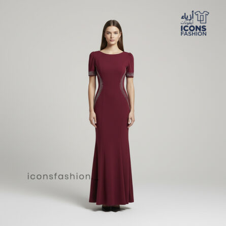 Maroon-long-evening-dress-for-women-round-neckline-embellished-side-panels-short-puff-sleeves-floor-length-slim-fit-silhouette-elegant-party-wear-gown