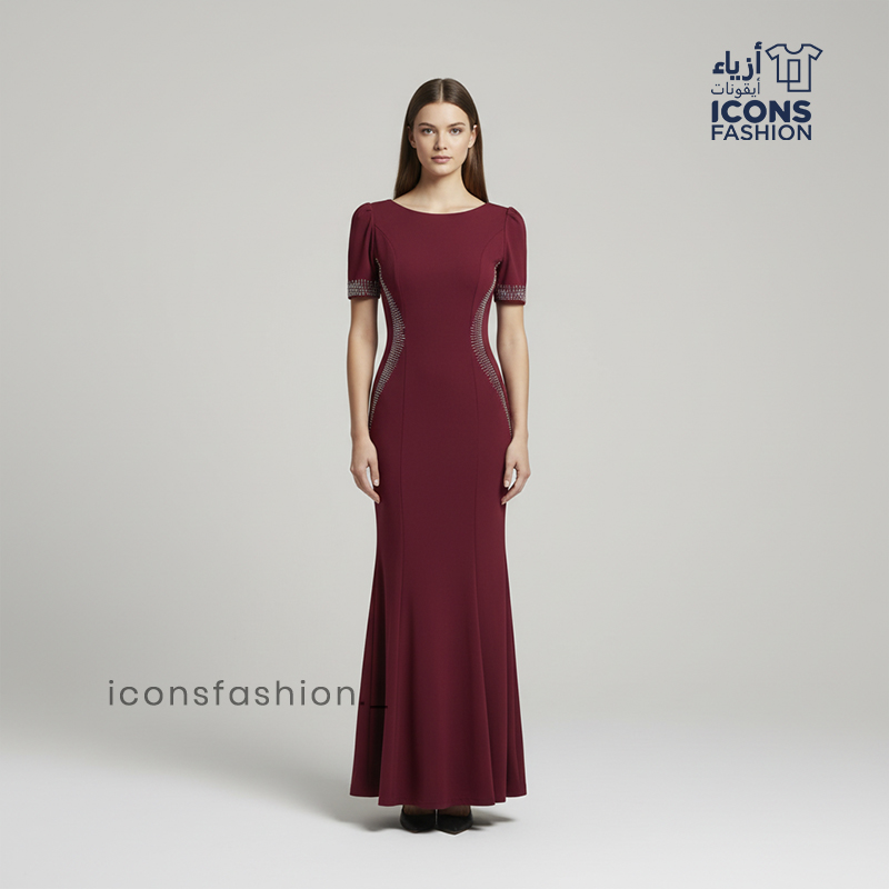 Maroon-long-evening-dress-for-women-round-neckline-embellished-side-panels-short-puff-sleeves-floor-length-slim-fit-silhouette-elegant-party-wear-gown