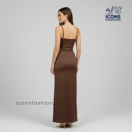 Coffee-brown-Women-satin-slip-maxi-dress-with-spaghetti-straps-and-V-neckline-floor-length-elegant-gown