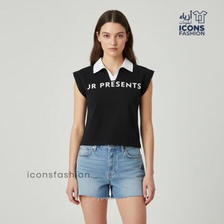 Black-women's-collar-neck-printed-T-shirt-with-short-cap-sleeves-and-contrast-collar