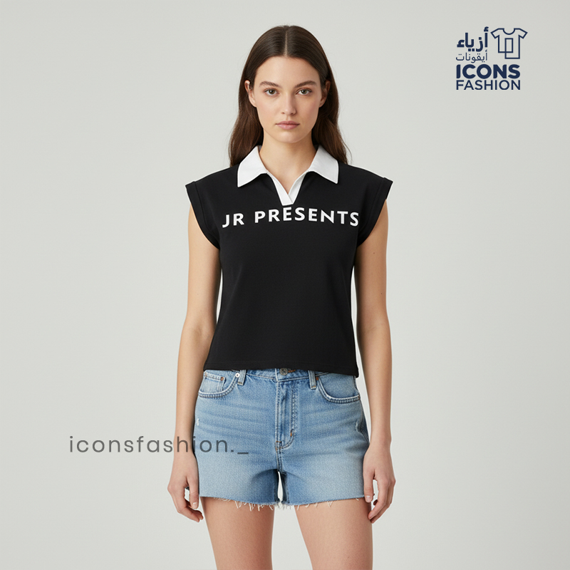 Black-women's-collar-neck-printed-T-shirt-with-short-cap-sleeves-and-contrast-collar