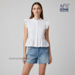 Pastel-blue-ruffle-sleeve-cotton-peplum-top-with-front-button-closure
