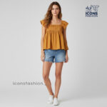 Mustard-yellow-square-neck-pleated-peplum-top-with-short-ruffle-sleeves