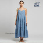Sky-blue-denim-look-tiered-button-front-spaghetti-straps-maxi-dress-for-women