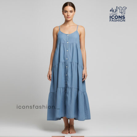 Sky-blue-denim-look-tiered-button-front-spaghetti-straps-maxi-dress-for-women