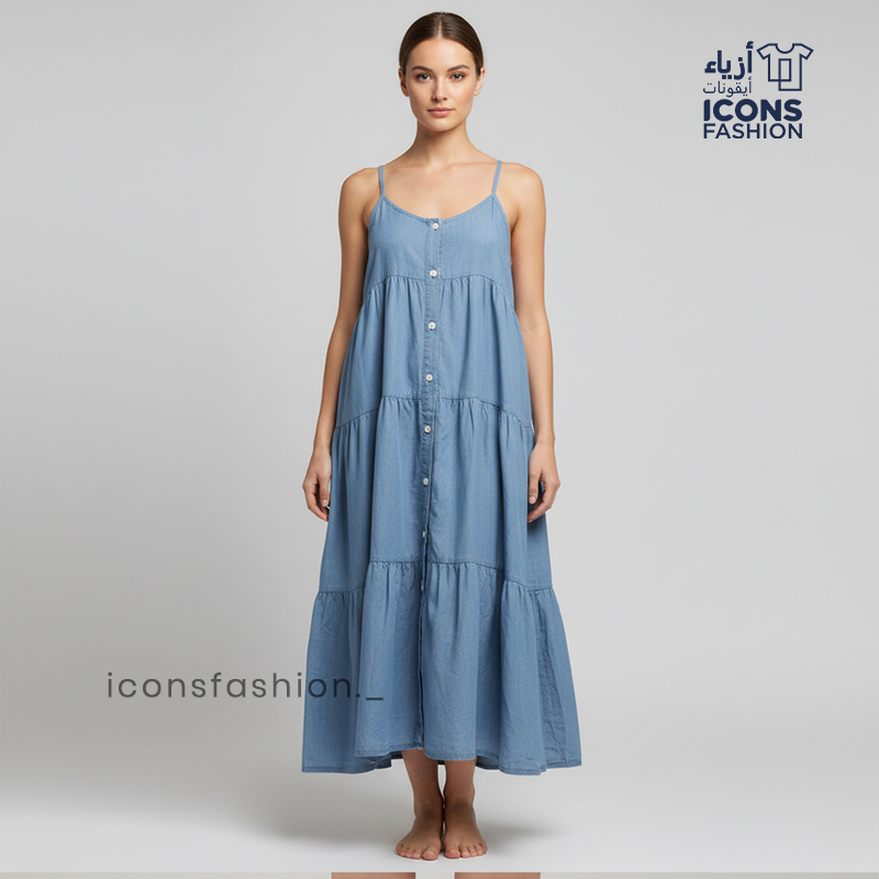 Sky-blue-denim-look-tiered-button-front-spaghetti-straps-maxi-dress-for-women