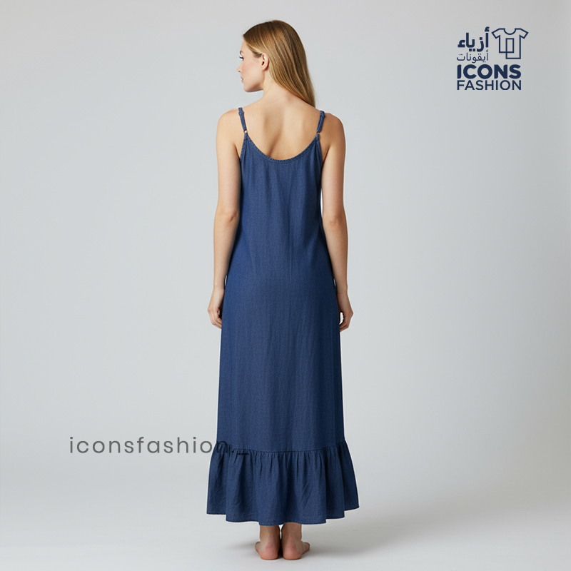 Women-wear-a-dark-blue-denim-spaghetti-straps-maxi-dress-with-a-relaxed-A-line-fit-and-ruffle-hem