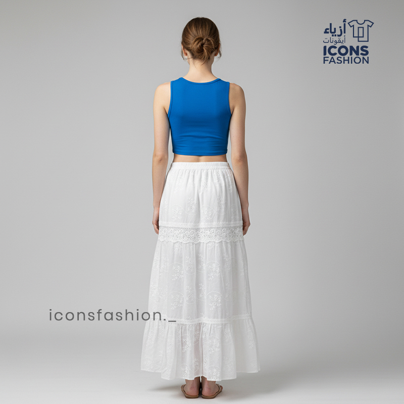 White-embroidered-tiered-maxi-skirt-for-women-with-elastic-waist-and-flared-design