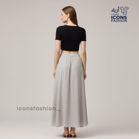 Grey-solid-flared-long-maxi-skirt-with-an-elastic-waistband-and-solid-flowy-design