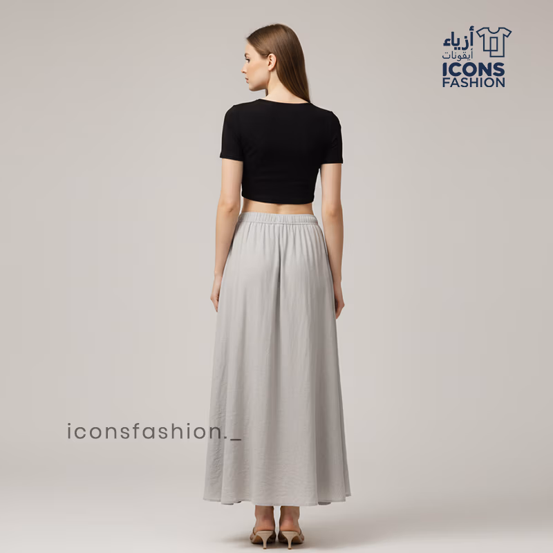Grey-solid-flared-long-maxi-skirt-with-an-elastic-waistband-and-solid-flowy-design