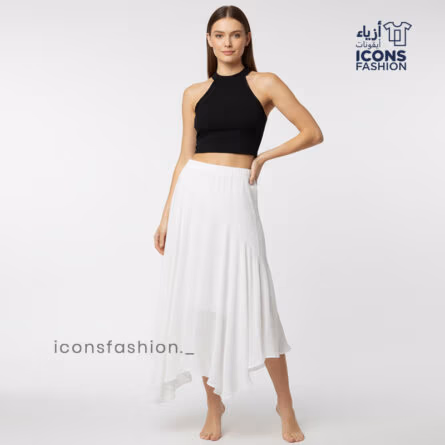 Women's-white-asymmetric-high-low-midi-skirt-with-elastic-and-flowy-crepe-fabric