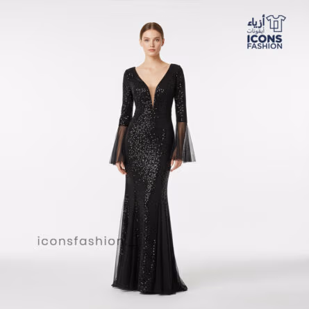 Black-women’s-black-sequin-mermaid-gown-with-deep-V-neck,-3/4-sleeves,-and-flared-mesh-cuffs