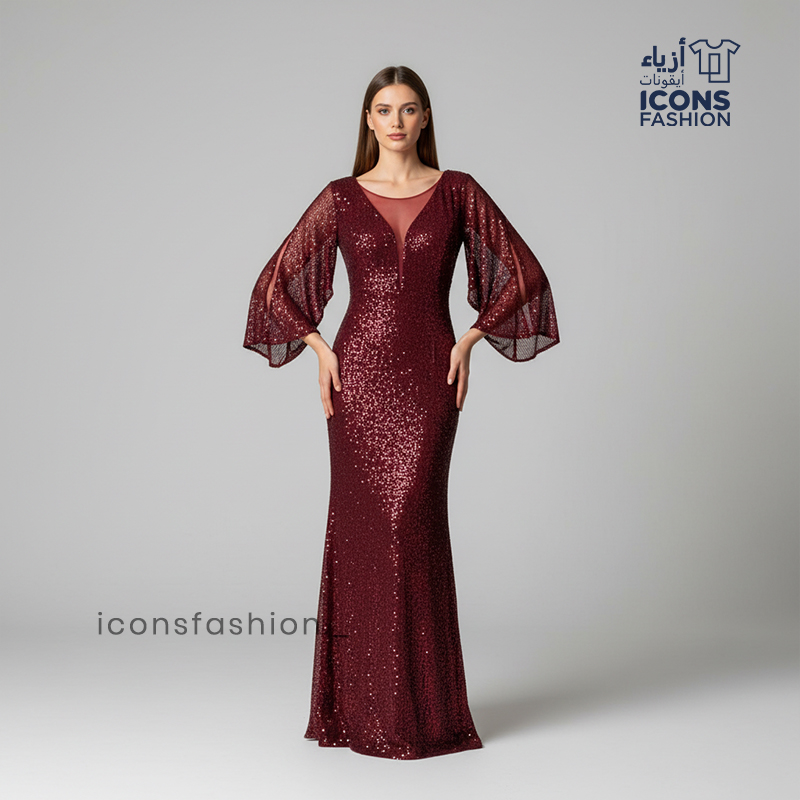 Wine-red-women-sequin-mermaid-gown-with-deep-V-neckline-sheer-mesh-insert-and-flared-bell-sleeves