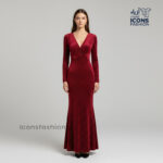 Maroon-Women’s-velvet-mermaid-gown-with-deep-V-neck,-long-sleeves,-and-textured-pattern