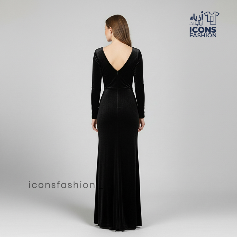Black-women's-velvet-cut-out-gown-with-deep-V-neck-long-sleeves-twist-knot-front-and-floor-length-design