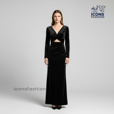 Black-women's-velvet-cut-out-gown-with-deep-V-neck-long-sleeves-twist-knot-front-and-floor-length-design