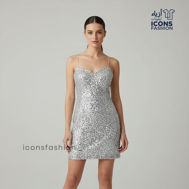 Silver-women’s-sequin-mini-dress-with-sweetheart-neckline,-thin-straps,-and-bodycon-fit.