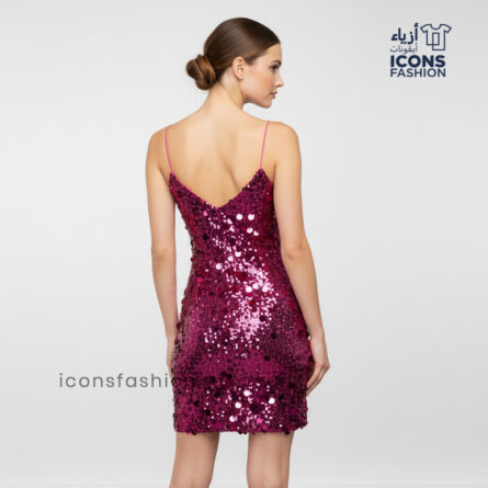 Pink-women-sequin-mini-dress-v-neck-spaghetti-straps-party-wear-dress