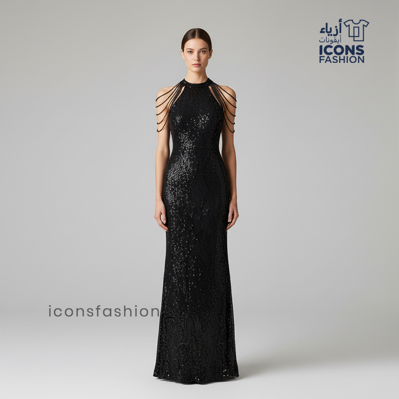 Black-women-sequin-long-evening-gown-halter-neck-open-shoulder-chain-strap-party-wear-dress
