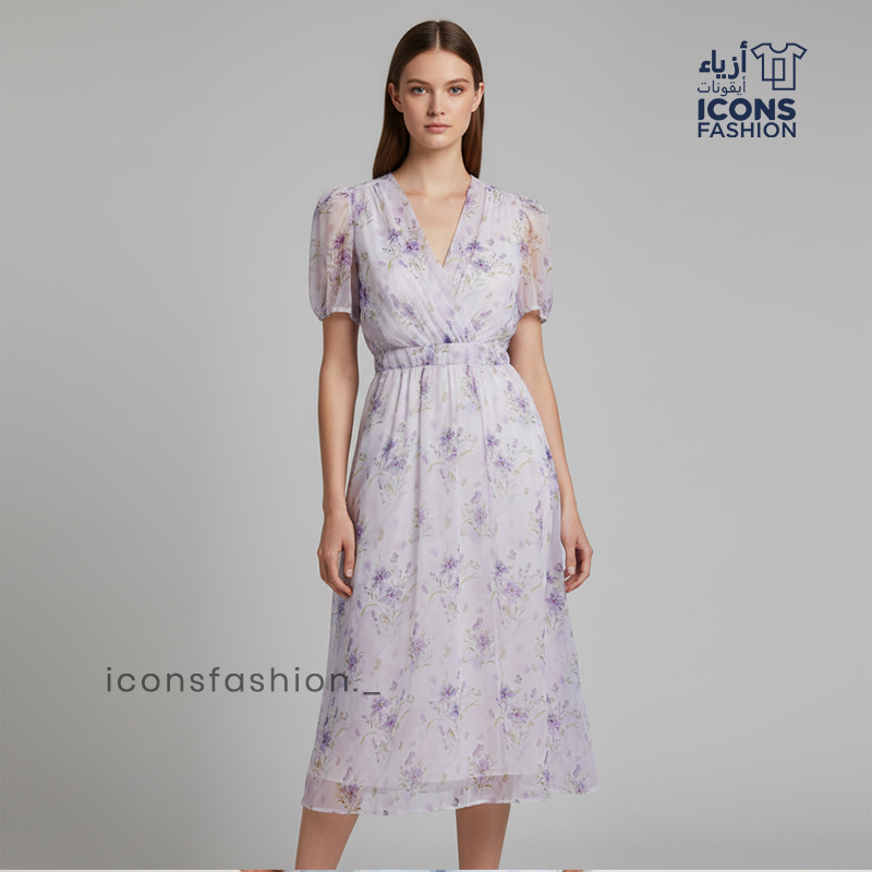 Lavender-women's-floral-chiffon-midi-dress-V-neck-puff-sleeve-summer-wear-dress