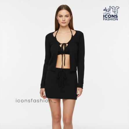Black-women-fuzzy-three-piece-co-ord-set-cropped-cardigan-halter-bralette-mini-skirt-winter-wear-outfit