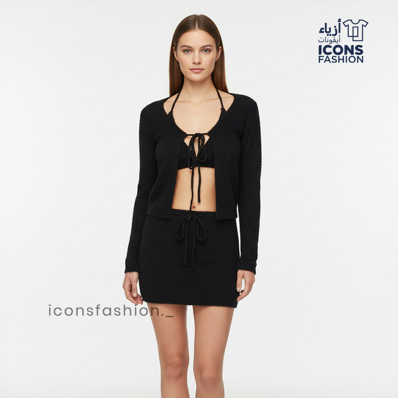 Black-women-fuzzy-three-piece-co-ord-set-cropped-cardigan-halter-bralette-mini-skirt-winter-wear-outfit